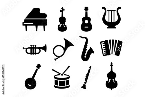 Silhouette icons of musical instruments: piano, violin, guitar, and more