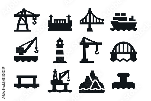 Industrial marine icons set featuring cranes, ships, and bridges in bold silhouette style