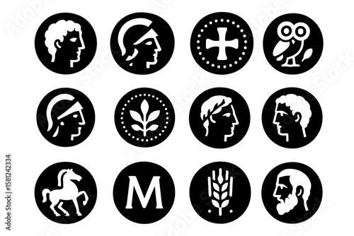 Ancient greek coin designs featuring mythological and historical figures
