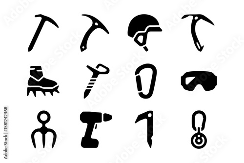 Silhouette icons of essential mountaineering and climbing equipment