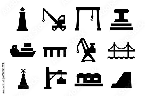 Silhouette icons of maritime and port equipment