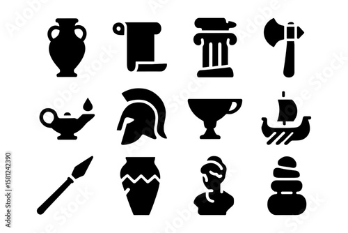 Ancient greek symbols: icon set featuring amphora, helmet, and parthenon column