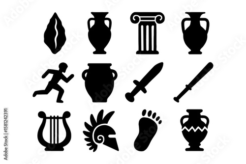 Classic greek icons: vases, musicians, and warriors in bold silhouette design