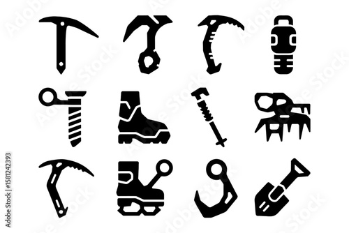 Set of silhouette icons featuring mountaineering and climbing gear