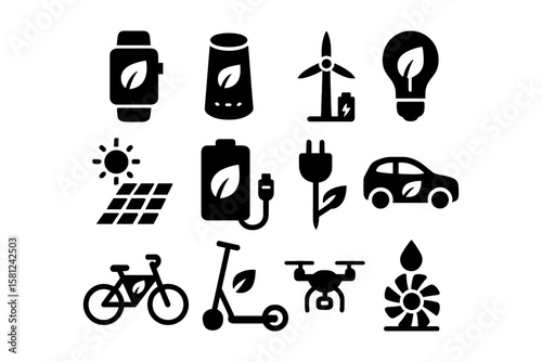 Eco-friendly technology icons in black and white silhouette style