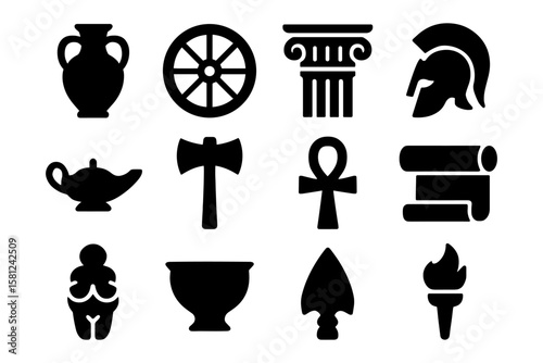 Ancient history icons set: silhouettes of artifacts and symbols from antiquity