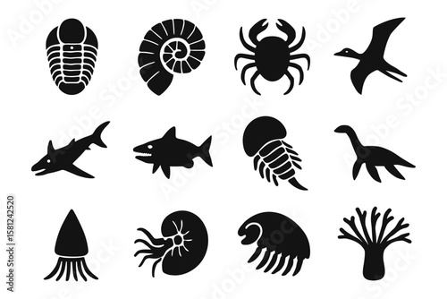 Silhouette designs of prehistoric sea and land creatures for educational use