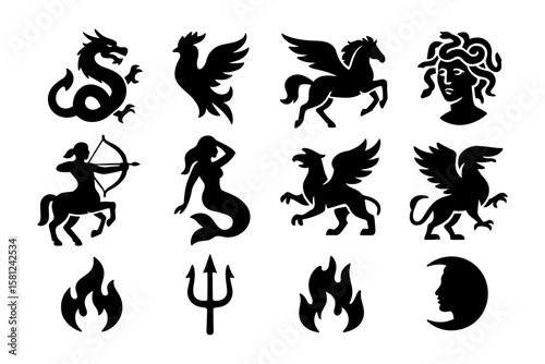 Silhouettes of mythical creatures and symbols in black and white