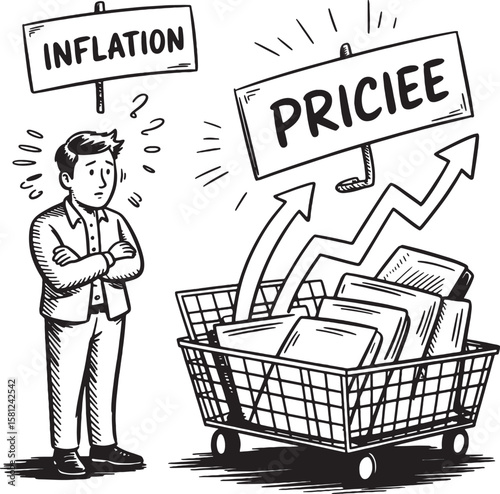 Confused man observes rising prices in shopping cart vector