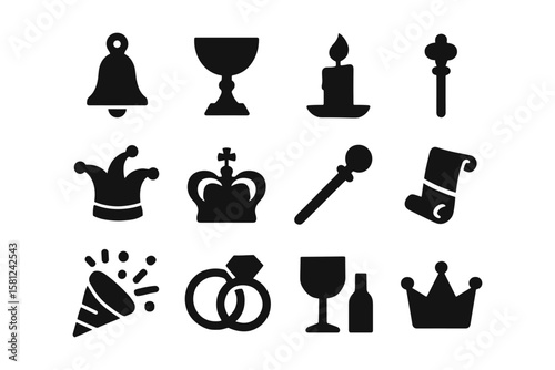 Medieval icons set: crown, goblet, candle, scepter, rings, scroll in black silhouette style