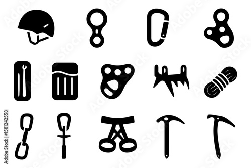 Essential mountaineering equipment icons for outdoor adventures