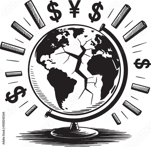 Cracked globe with currency symbols and radiating lines world dollar