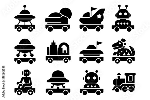 Black silhouette icons of futuristic toys featuring robots and spacecraft