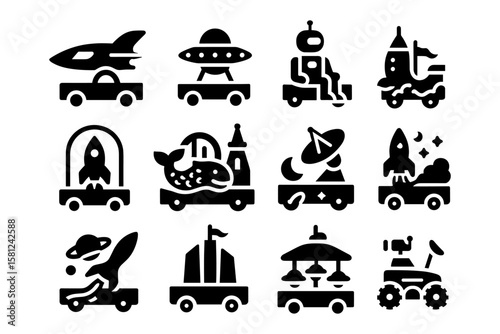 Futuristic toy vehicles with space themes in bold icons