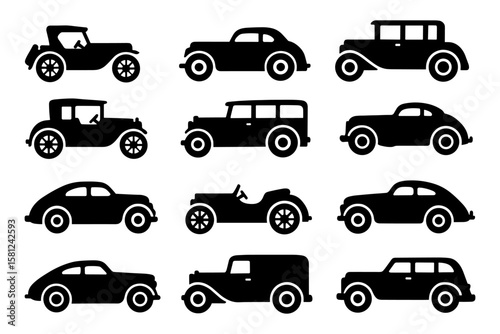 Collection of classic car silhouettes showcasing vintage vehicle designs