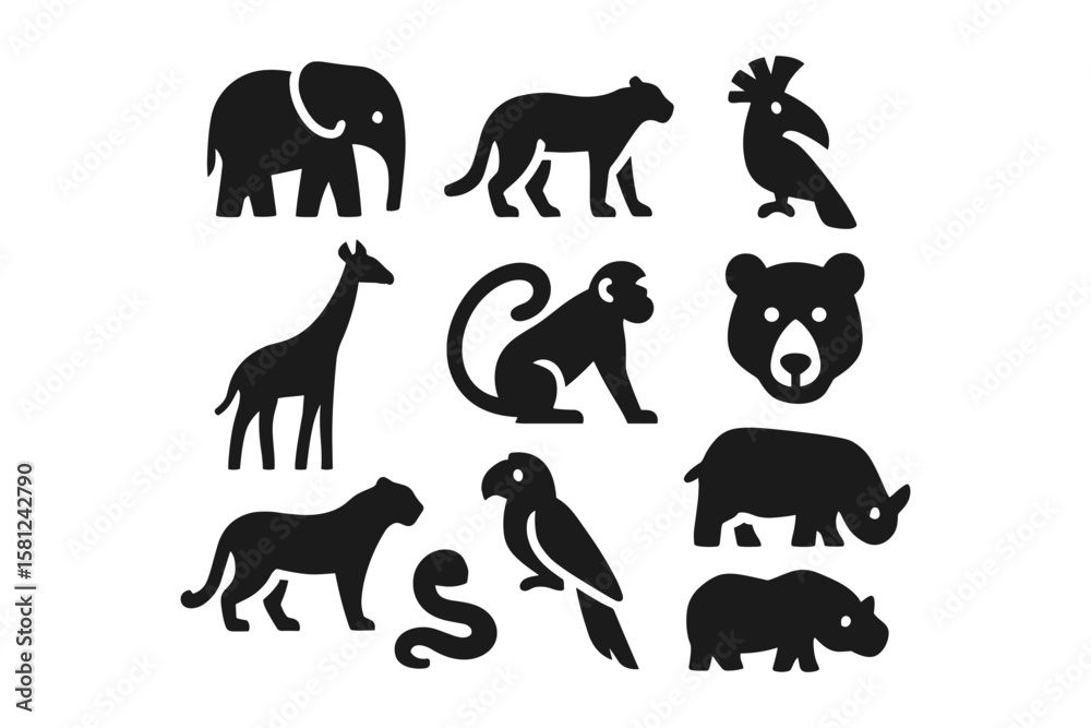 Fototapeta premium Simple animal silhouettes collection featuring jungle and safari wildlife icons