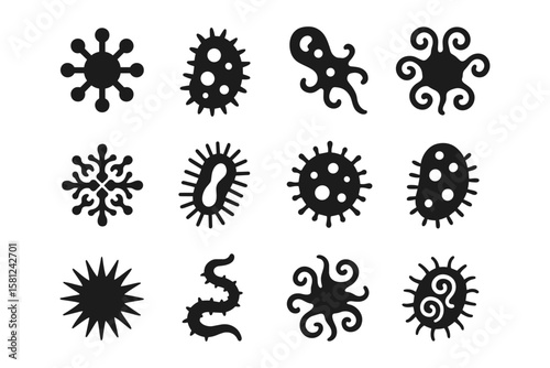 Diverse black silhouette collection of microbes and bacteria icons