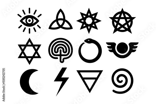 Mystical symbols set: eye, pentagram, triquetra, and more