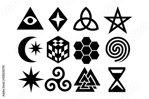 Mystical symbol collection: geometric shapes and esoteric icons in bold black design