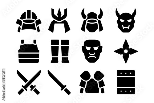 Silhouette icons of medieval armor and weapons for gaming themes