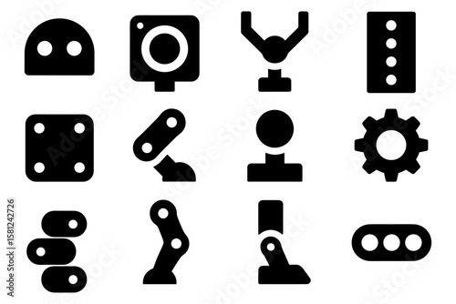 Minimalist robotic machine icons set in black silhouette style