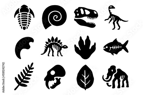 Silhouette icons of prehistoric creatures and fossils for educational designs