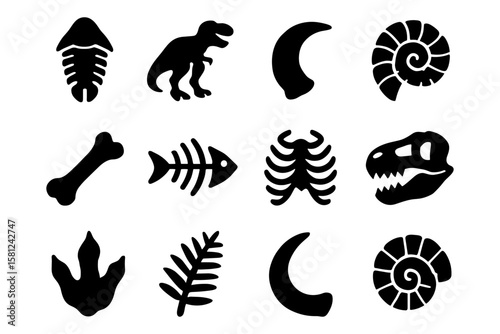 Dinosaur fossil silhouettes: icon set featuring prehistoric skeletons and artifacts