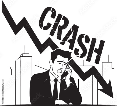 Distressed businessman talking on phone with downward graph and city buildings phone call financial crisis