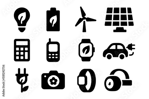 Eco-friendly technology icons: renewable energy, gadgets, and green innovation symbols