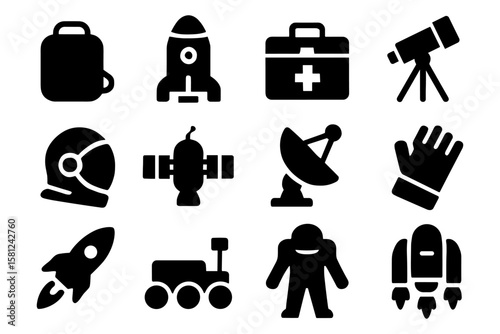 Silhouette space icons: rockets, astronauts, satellites, and exploration tools