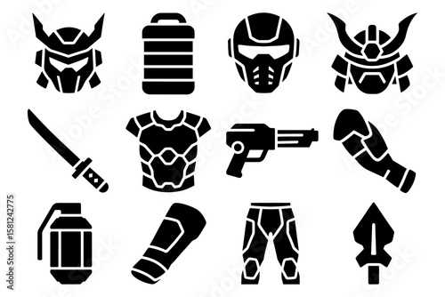 Futuristic combat icons set: helmets, armor, and weapons in bold silhouette style