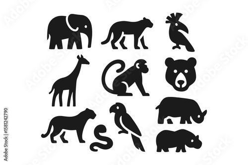Simple animal silhouettes collection featuring jungle and safari wildlife icons