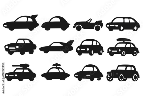 Collection of classic and modern car silhouettes in black