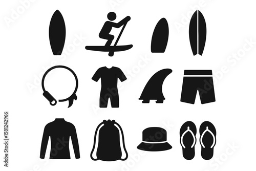 Surfing gear silhouettes: paddleboard, surfboards, and accessories collection