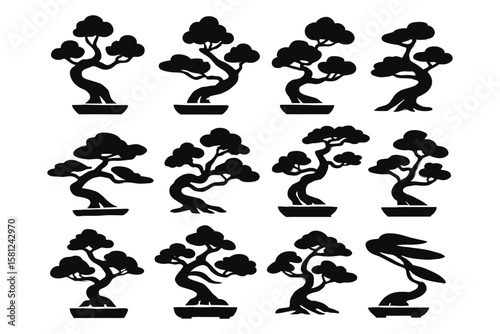 Silhouette collection of bonsai tree icons for design and decor projects