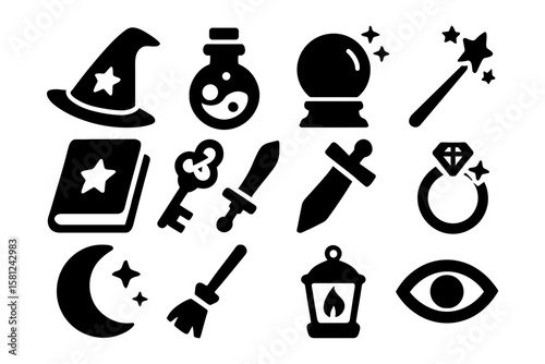 Magical elements icons collection: witch hat, potion, crystal ball, and more