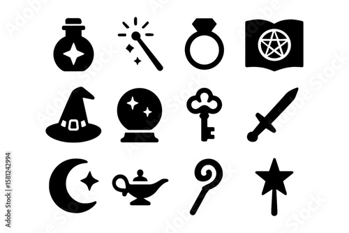 Magical icons set featuring black silhouettes of witchcraft and fantasy elements