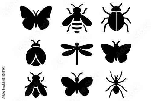 Silhouette insect icons set featuring butterflies, bees, dragonflies, and ants