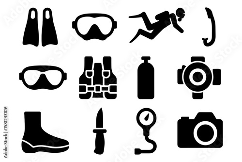 Diving equipment silhouettes: essential gear collection for underwater adventures