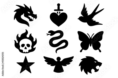 Bold tattoo silhouettes: dragon, heart, swallow, and more iconic designs