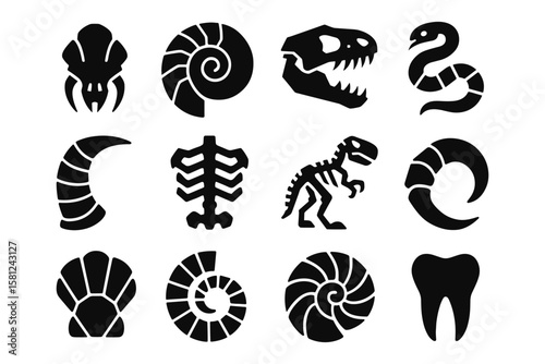 Silhouette fossil icons set featuring dinosaurs and seashells