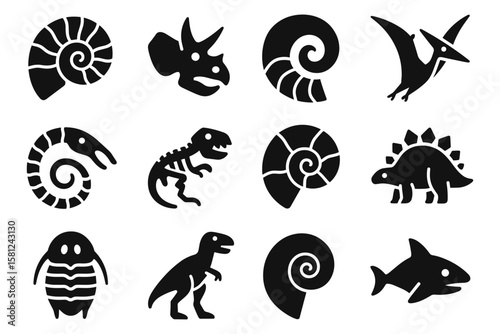 Dinosaur silhouettes and fossils with prehistoric icons in black and white design