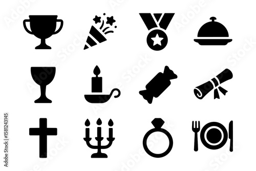 Celebration and awards icons: medals, trophies, and party symbols in bold silhouette