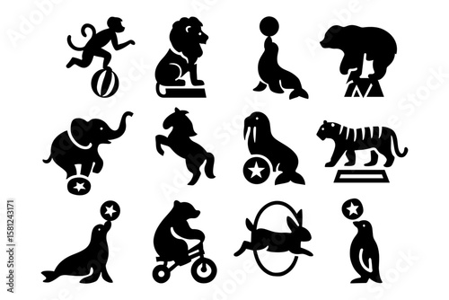 Circus animal silhouettes: playful black icons featuring lions, seals, and more