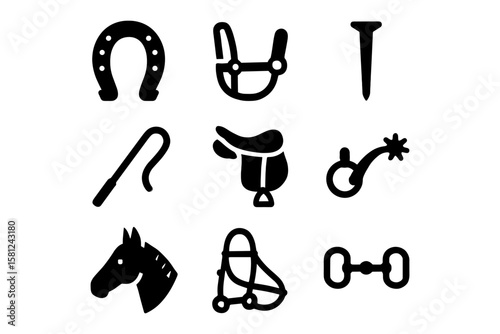 Flat equestrian icons collection: saddles, horseshoes, and tack essentials