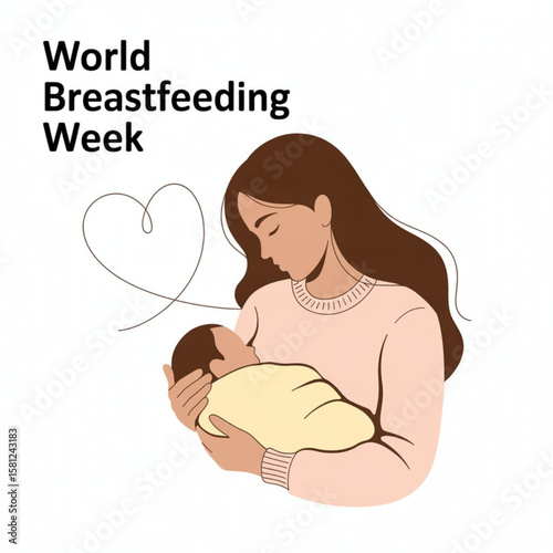 World Breastfeeding Week Design with outline style for loving long-haired mom holding her baby and breastfeeding. Mother and baby Logo Design. Vector illustration on white background.