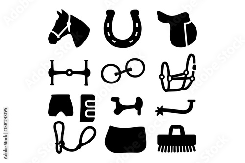 Equestrian equipment silhouette set featuring horse tack and gear icons