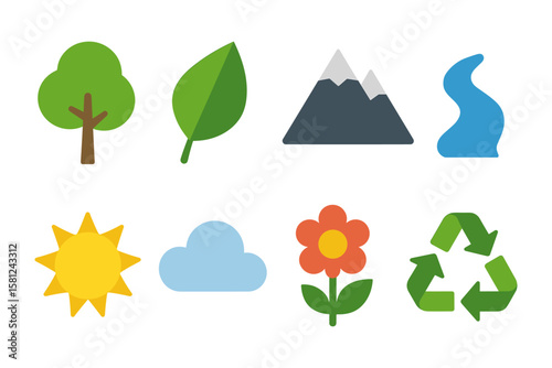 Nature icons set featuring flat style trees, mountains, and eco symbols