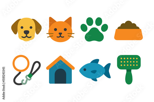 Colorful pet care icons set featuring dog, cat, fish, and accessories