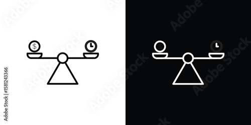 Time and money compare scale icon. Black illustration isolated for graphic and web design.